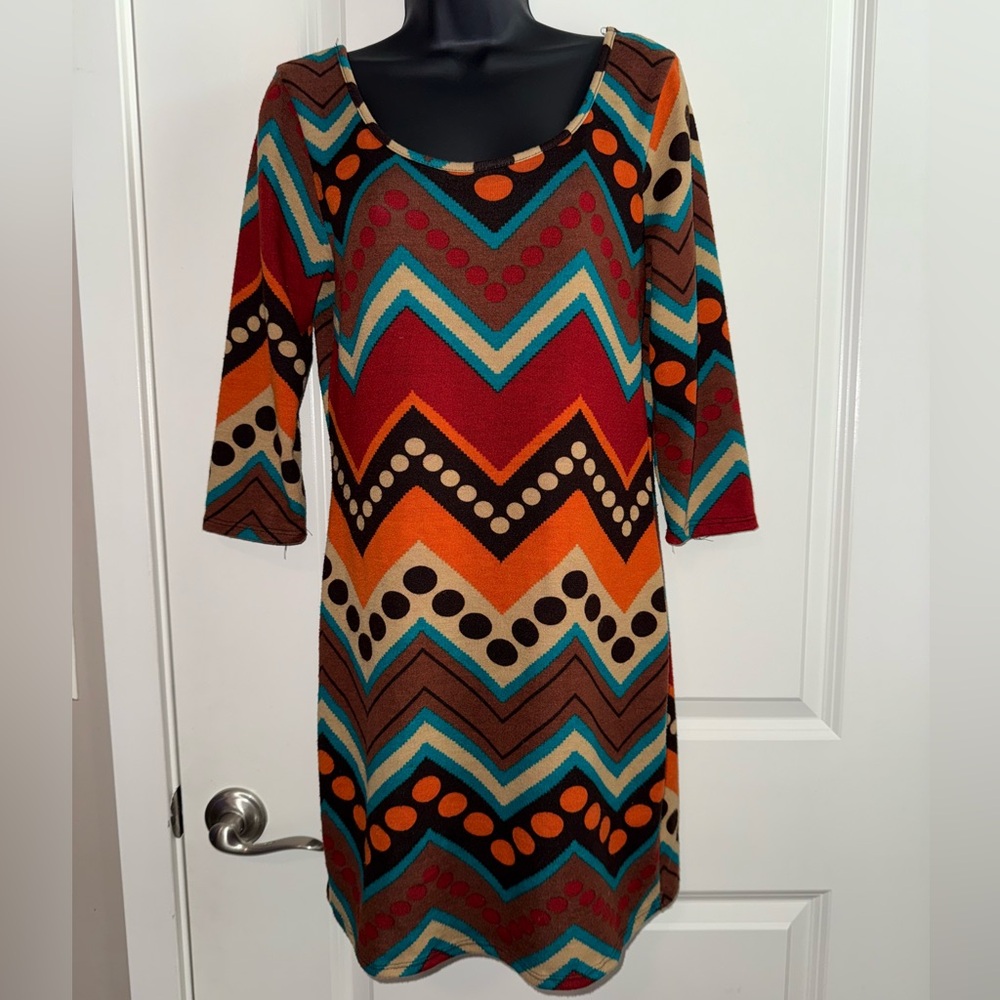 Vintage B Envied Multicolor Chevron Pattern Dress Size Large Boho 70s Retro